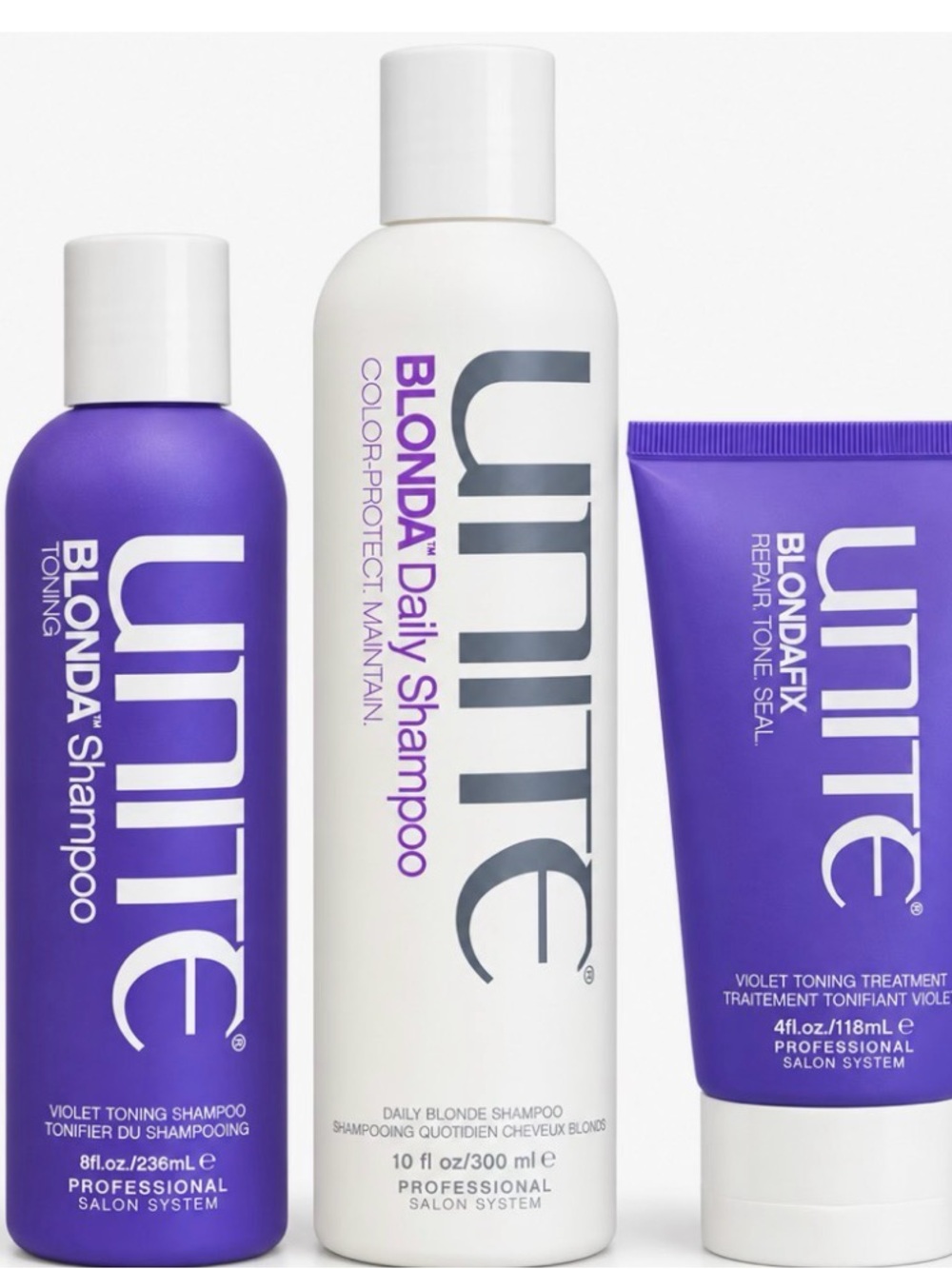 UNITE BLONDA Daily Blonde Shampoo , conditioner, and mask trio— Purple & White